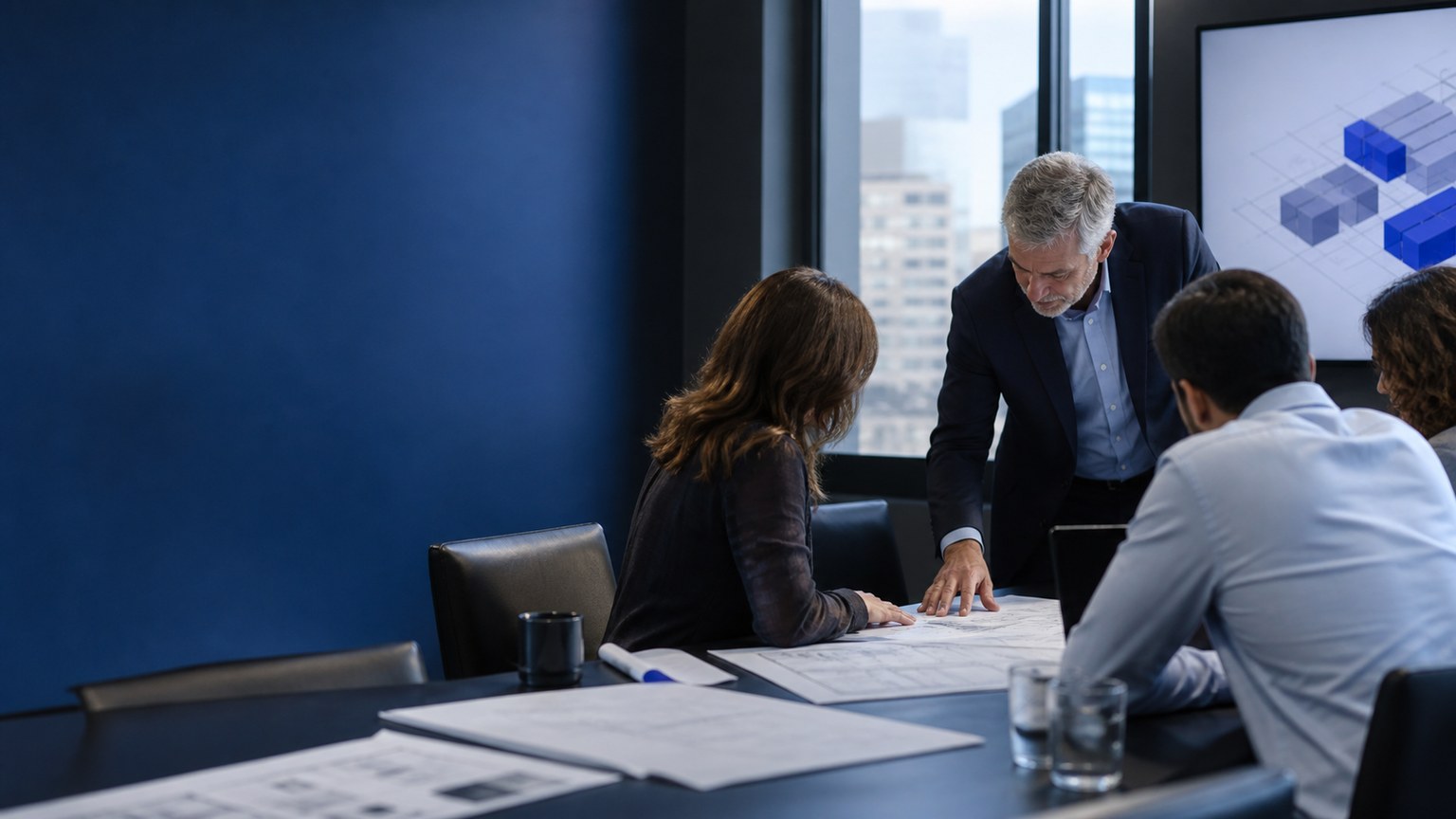 Technology advisers reviewing a systems plan in a business meeting.