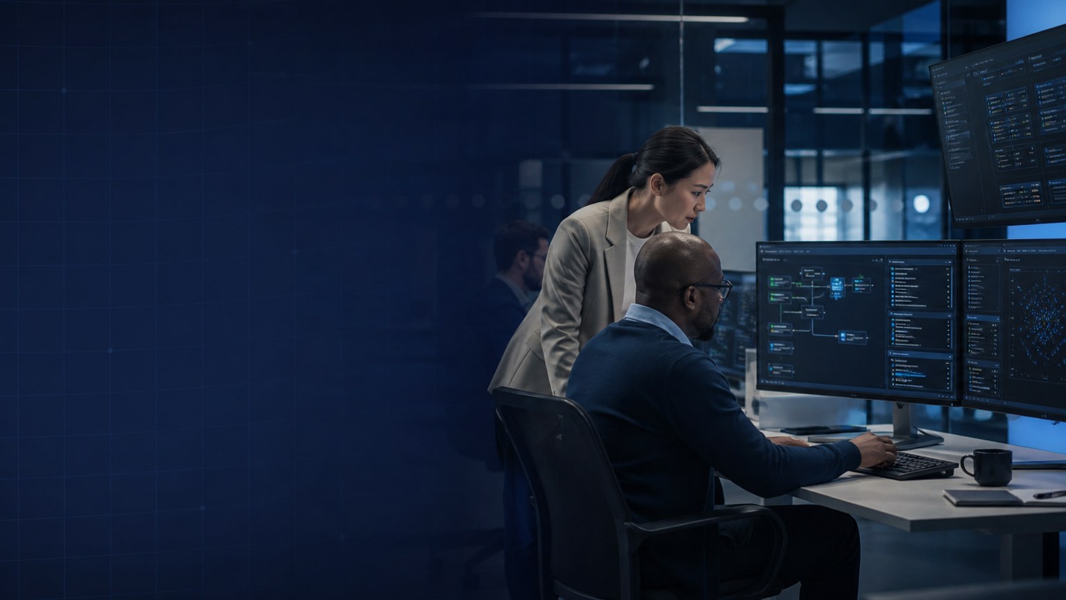 Team reviewing a governed AI workflow in an enterprise workspace.