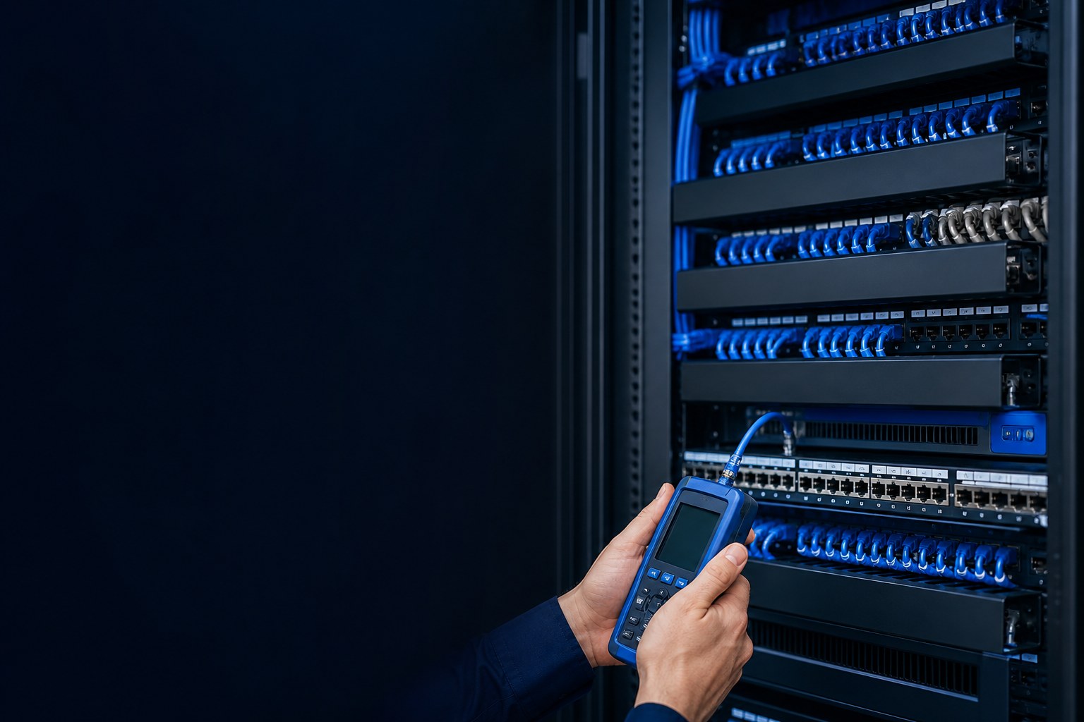 Technician testing organized structured cabling in a network rack.