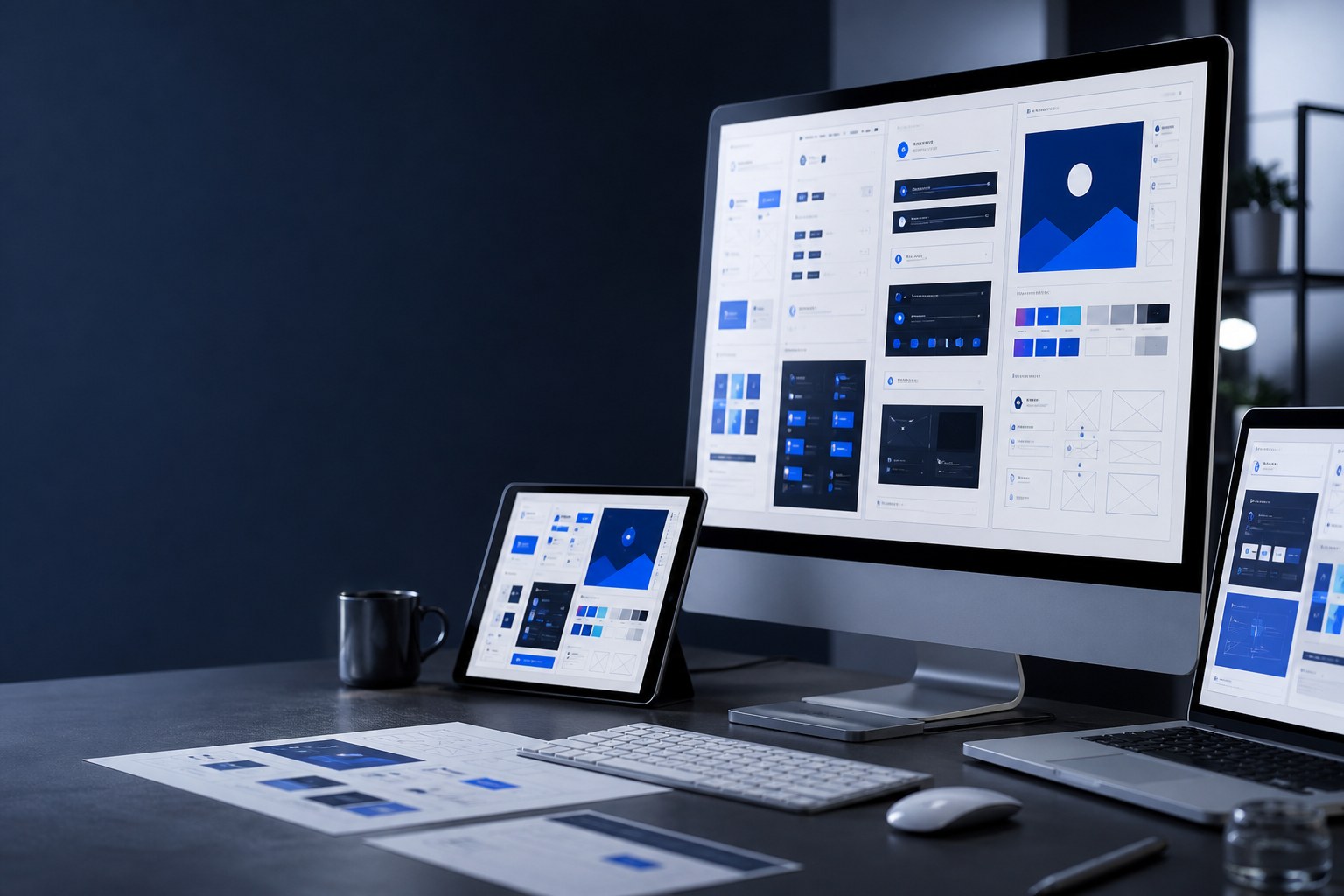 Responsive interface design system displayed across desktop, tablet, and laptop.